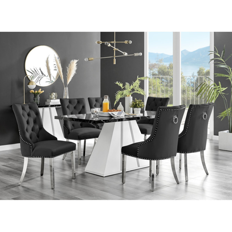 Athena Modern Marble Effect & High Gloss Dining Table Set with 6 Luxury ...