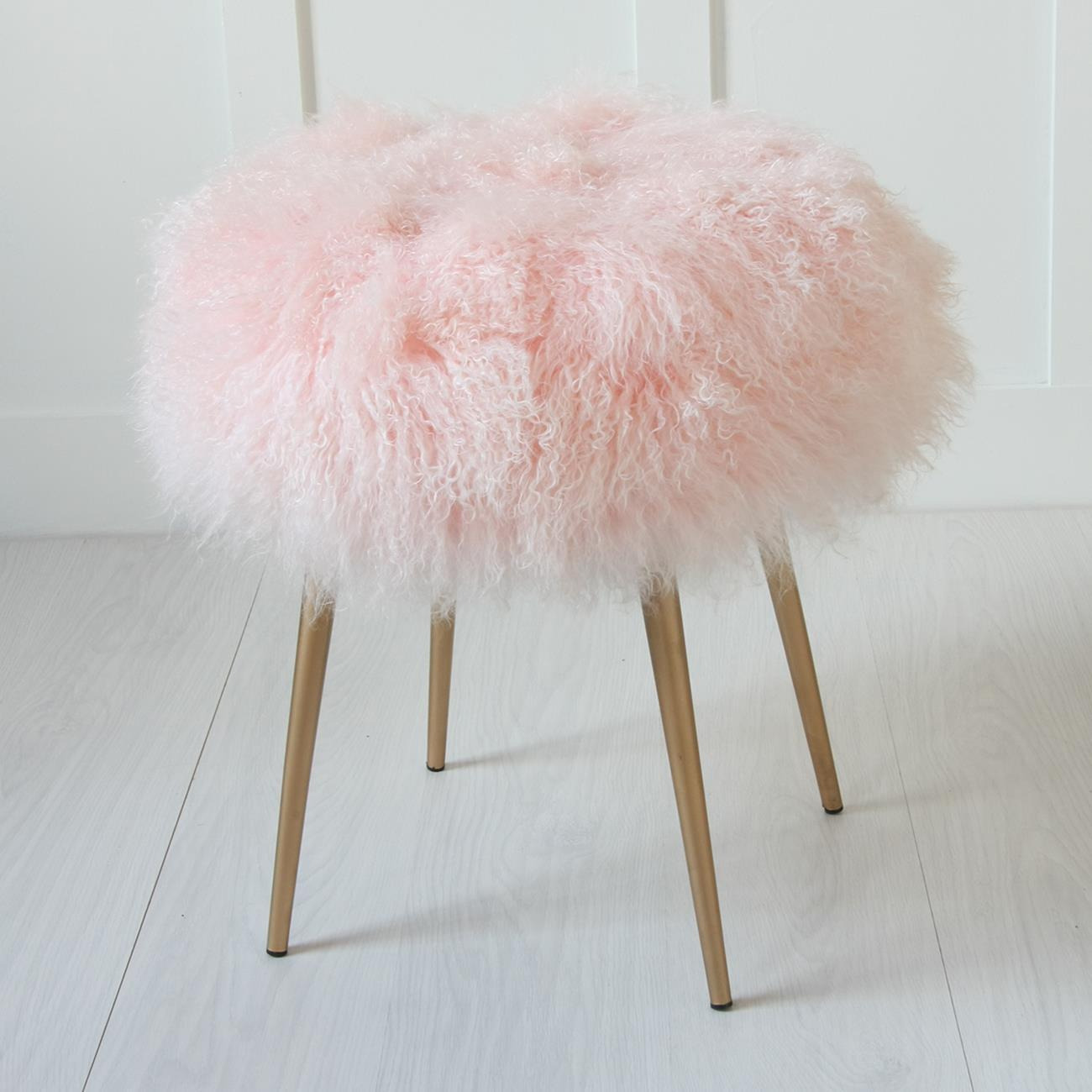 Mongolian Fur Foot Stool - Pearl Pink Seat - Gold Pencil Leg - Where Saints Go