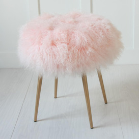 Mongolian Fur Foot Stool - Pearl Pink Seat - Gold Pencil Leg  - Where Saints Go - thumbnail 1