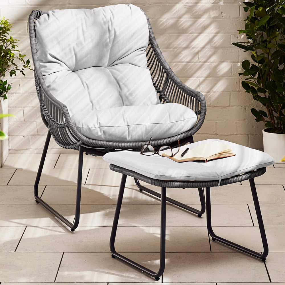 Furniturebox Fiji Grey Rattan Chair with Footstool - Size: 1