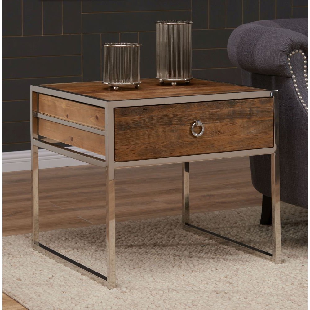 Dothan Rustic Walnut and Chrome Side Table By Choice Furniture Superstore