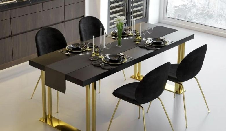 Black Rectangle Wood Dining Table in Gold by Homary
