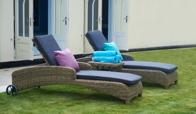 2 Rattan Sun Loungers with Square Garden Side Table - Mayfair by Bridgman