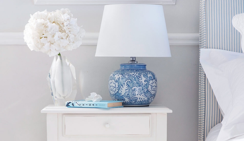 Chinoiserie Blue Ceramic Lamp By French Bedroom
