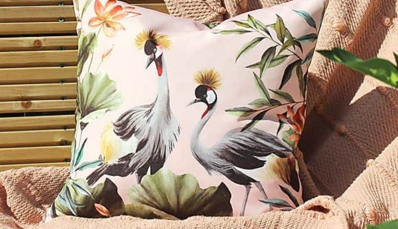 Cranes Blush and Forest Outdoor Cushion by Dunelm