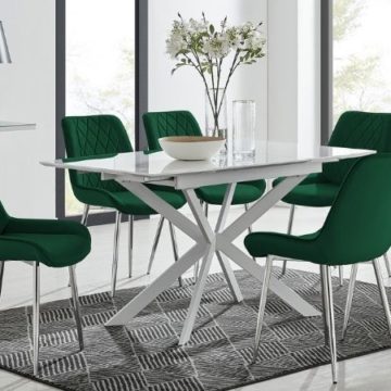 LIRA 120 Extending Dining Table and 6 Green Pesaro Silver Leg Chairs by Furniturebox