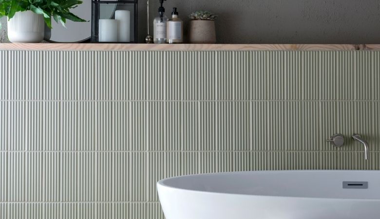 Flute sage tiles by Topps Tiles
