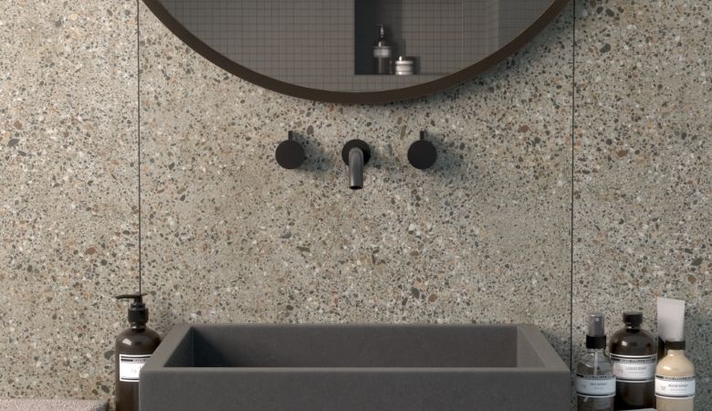 Terrazzo bathroom tiles trend with Topps Tiles and ufurnish.com