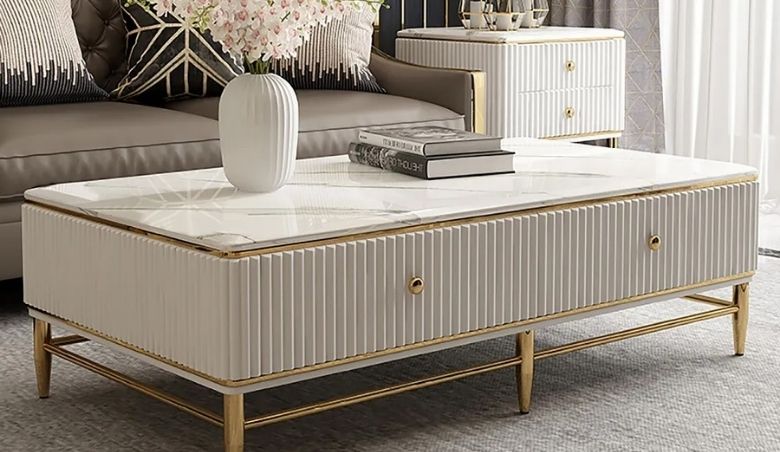 White Faux Marble Rectangle Coffee Table in Gold with Storage 4 Drawers 51.2 by Homary via ufurnish.com