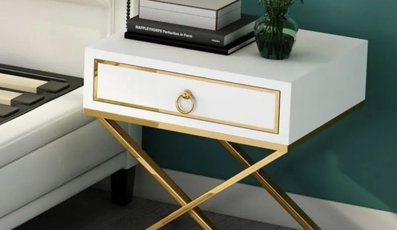 White Nightstand with Drawer Bedside Table with X-Shaped Stainless Steel Base by Homary