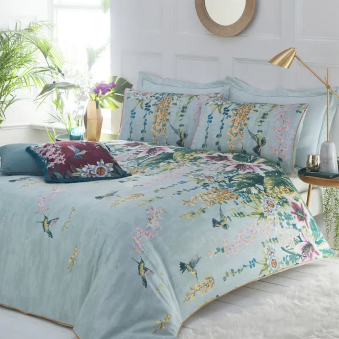 Paoletti Hanging Gardens Reversible 100% Cotton Duvet Cover and Pillowcase Set Blue, Yellow and Green By Dunelm.jpg