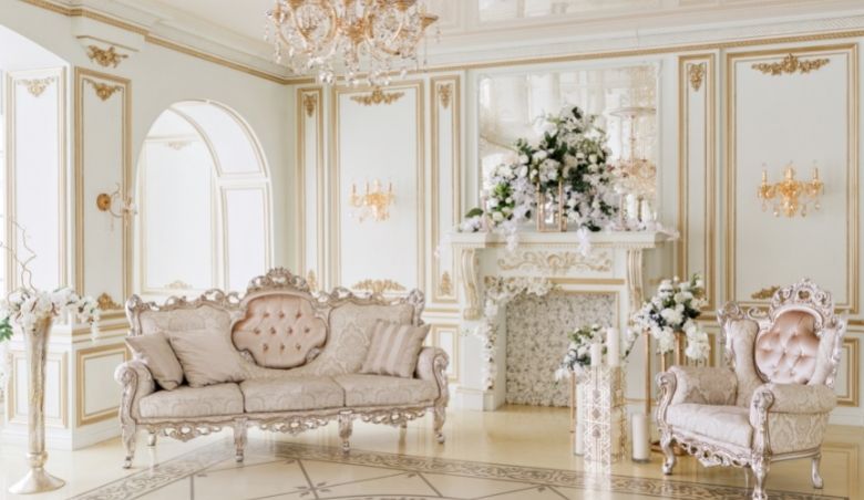 Regencycore interiors inspired by Bridgerton via shutterstock