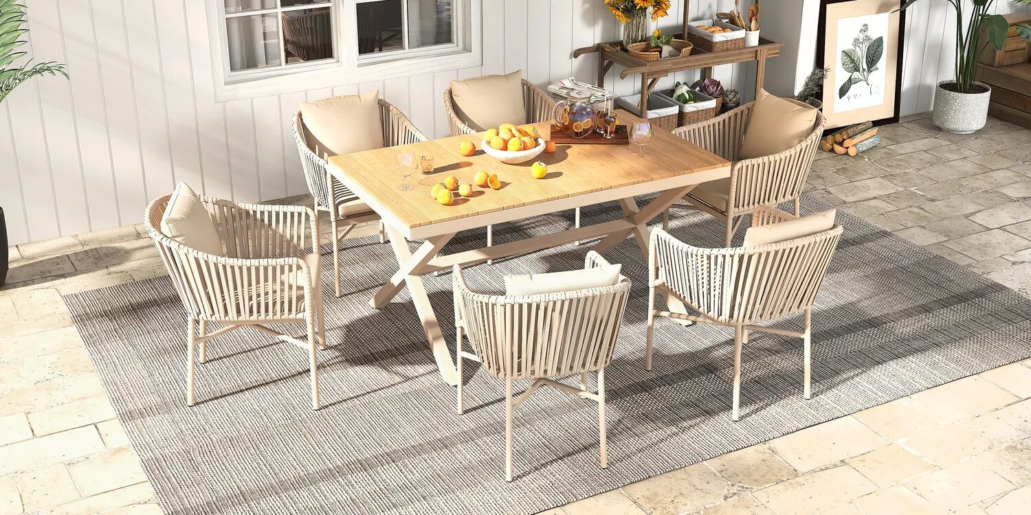 7 Pieces Outdoor Dining Set with Wood-Top Table and Woven Rattan Armchair in Natural By Homary