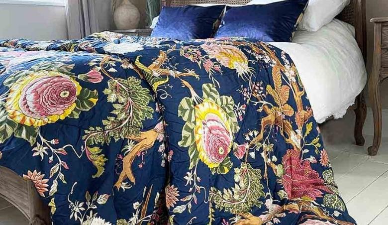 Midnight Carnation Quilted Bedspread - Dark Blue Floral Patterned Quilted Cotton Bedspread by French Bedroom