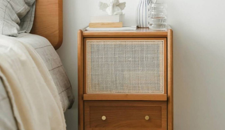 Rustic Rattan Bedside Table with Storage Solid Wood Bedside Table in Walnut by Homary