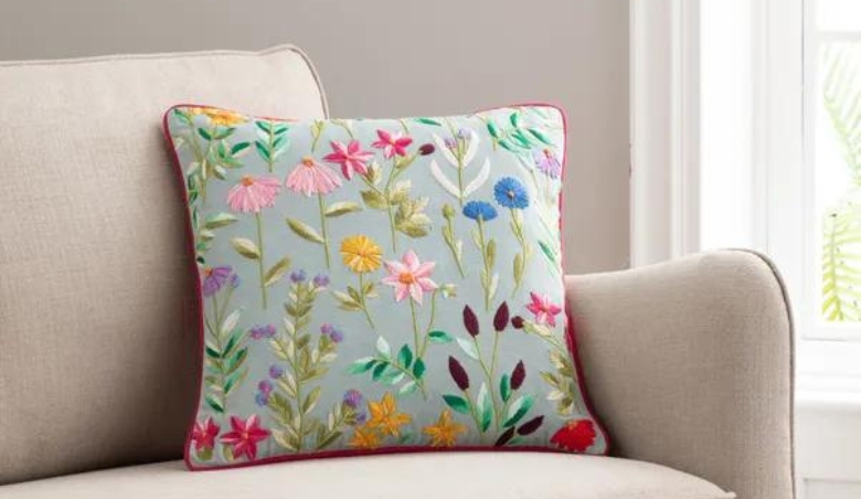 Embroidered Floral Meadow Cushion MultiColoured by Dunelm