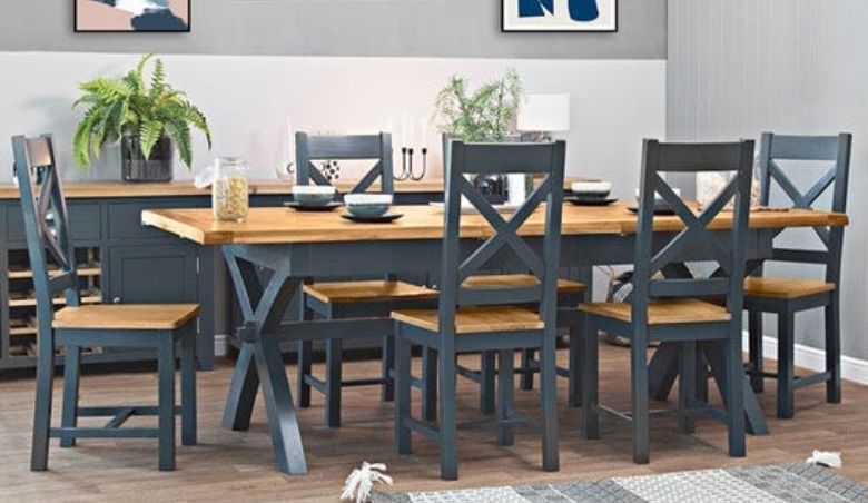 Hampshire Blue Painted Oak 1.8m Cross Leg Extending Dining Table By Chiltern Oak Furniture