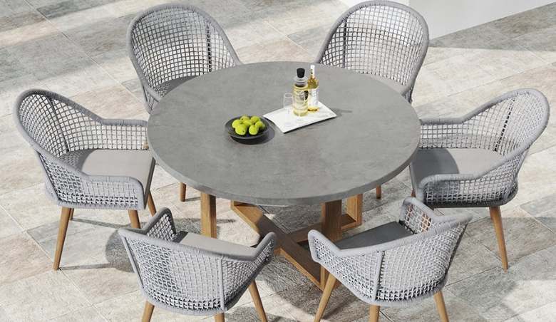 7 Pieces Teak Round Outdoor Concrete Dining Set with Gray Table Woven Armchair 6-Person by Homary