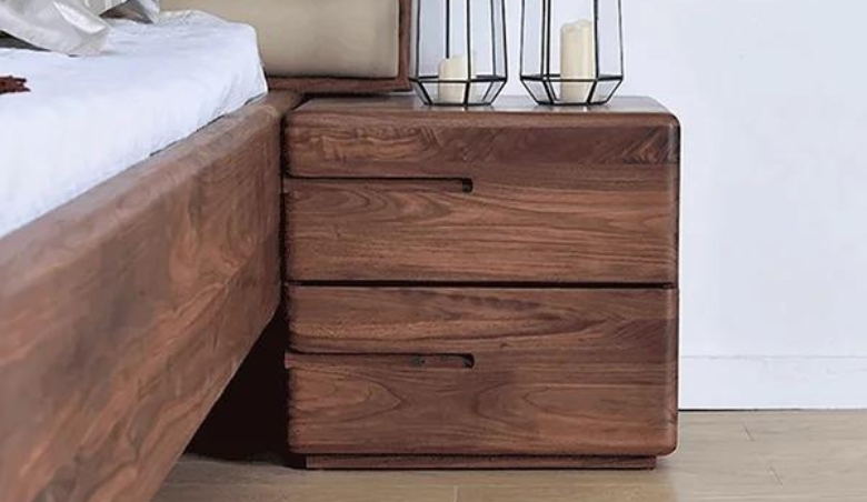 Japandi Minimalist Solid Wood Nightstand with 2 Drawers in Walnut by Homary