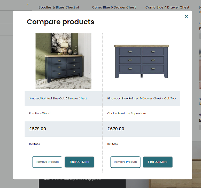 Comparing products on ufurnish.com using the compare tool