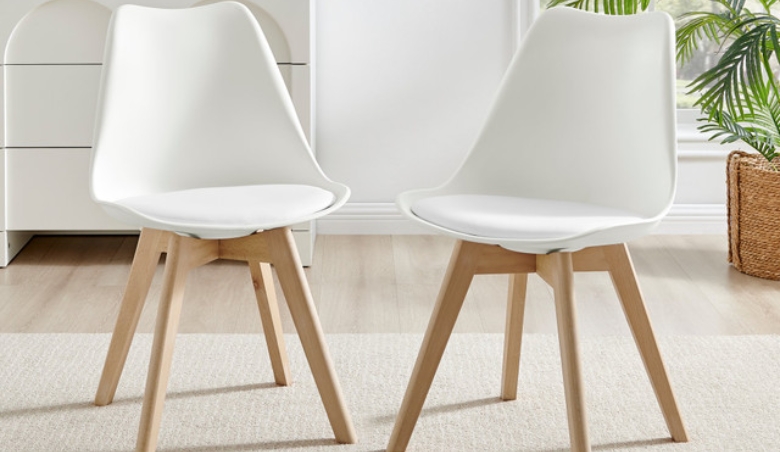 2x Stockholm Scandi White Faux Leather and Wood Dining Chairs By FurnitureBox