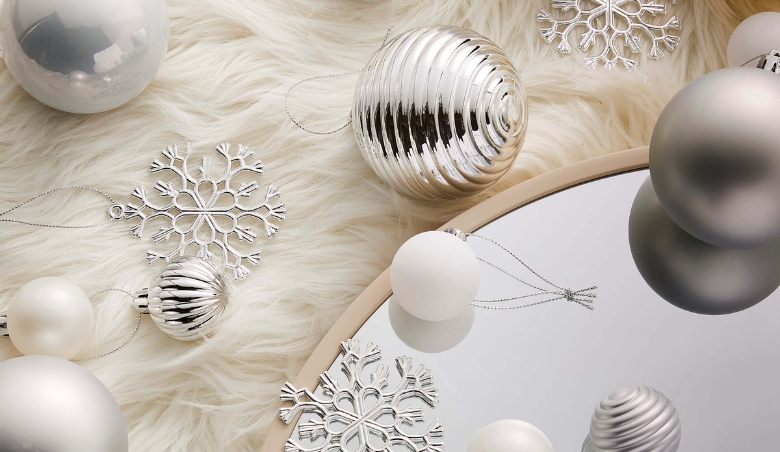 Pack of 30 Mixed White and Silver Baubles Silver By Dunelm
