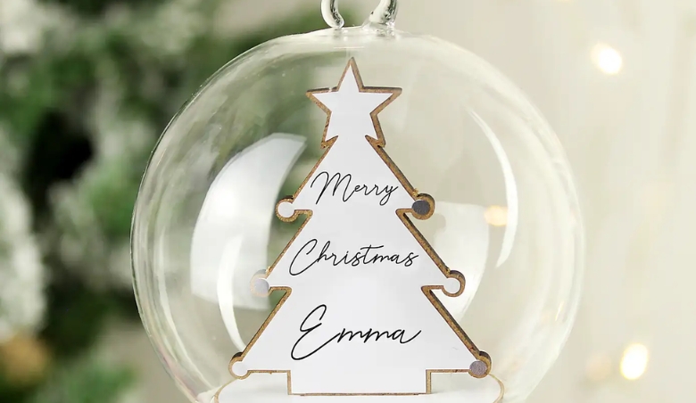 Personalised Wooden Christmas Tree Glass Bauble White By Dunelm