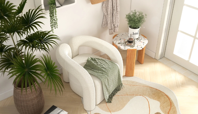 Japandi White Boucle Accent Chair Shaggy Armchair By Homary