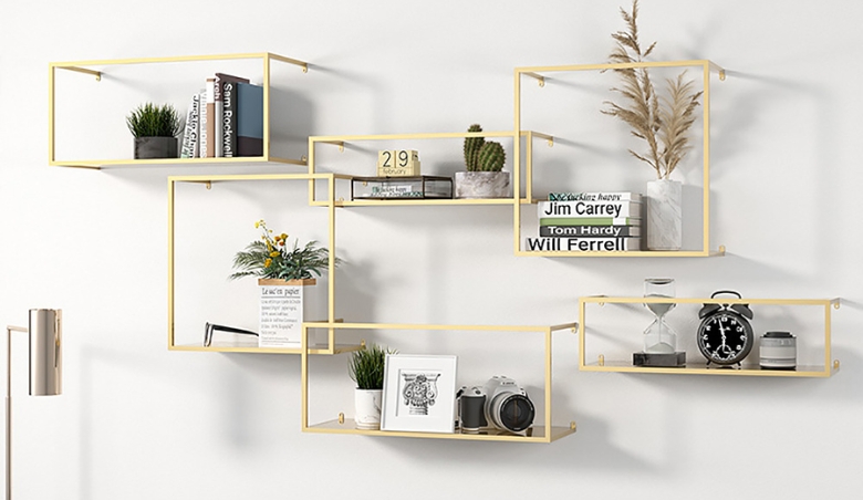 Modern Wall-Mounted Shelving Gold Floating Shelves in Metal Set of 6 By Homary